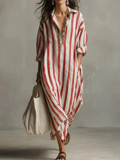 Effortless Linen Shirt Dress for Women Striped Long-Sleeve Maxi