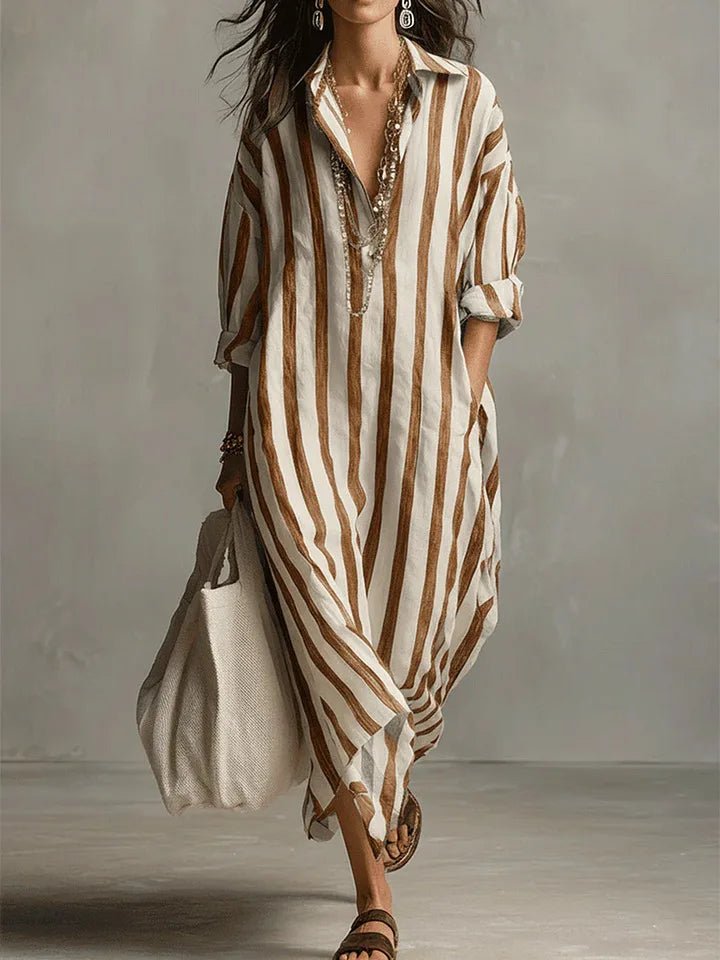 Effortless Linen Shirt Dress for Women Striped Long-Sleeve Maxi