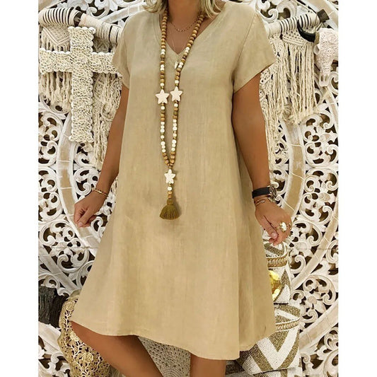 Effortless Linen Mini Dress for Women V-Neck A-Line Short-Sleeve