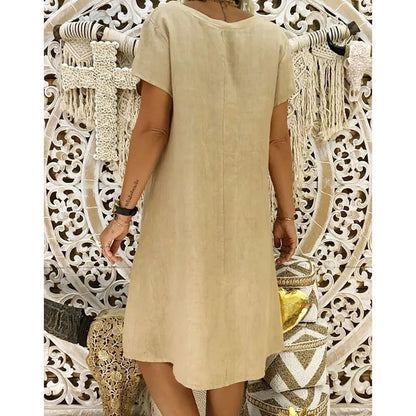 Effortless Linen Mini Dress for Women V-Neck A-Line Short-Sleeve