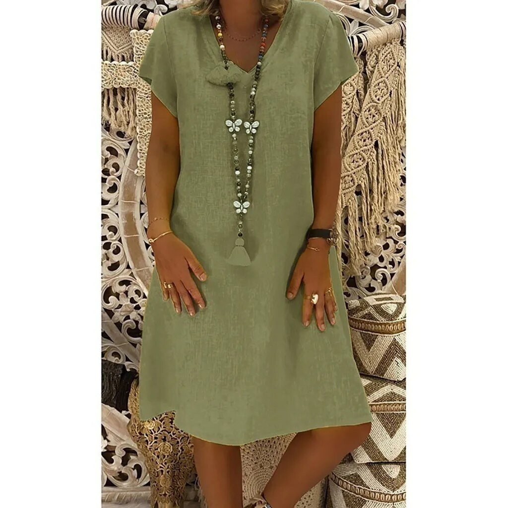 Effortless Linen Mini Dress for Women V-Neck A-Line Short-Sleeve