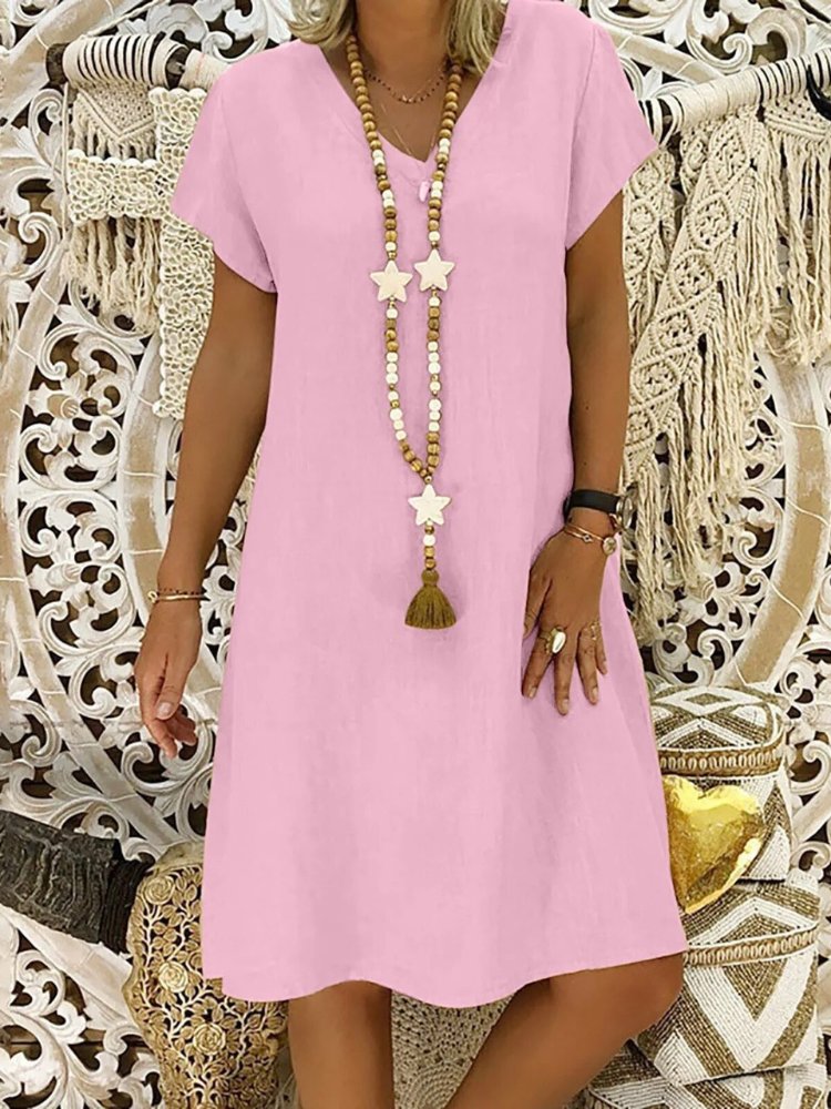 Effortless Linen Mini Dress for Women V-Neck A-Line Short-Sleeve