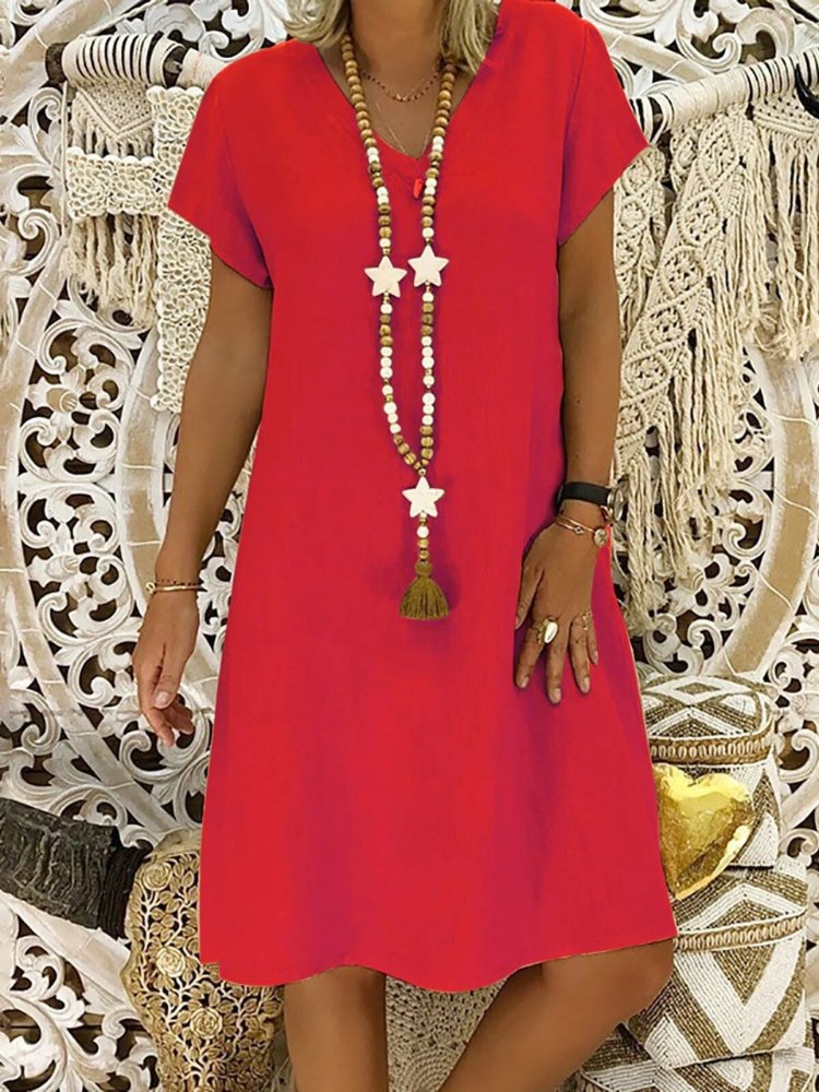 Effortless Linen Mini Dress for Women V-Neck A-Line Short-Sleeve