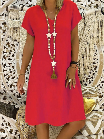Effortless Linen Mini Dress for Women V-Neck A-Line Short-Sleeve
