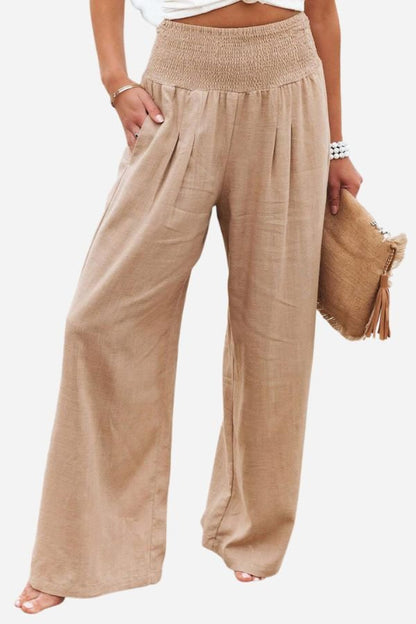 Effortless Linen Wide-Leg Pants for Women High-Waisted Smocked