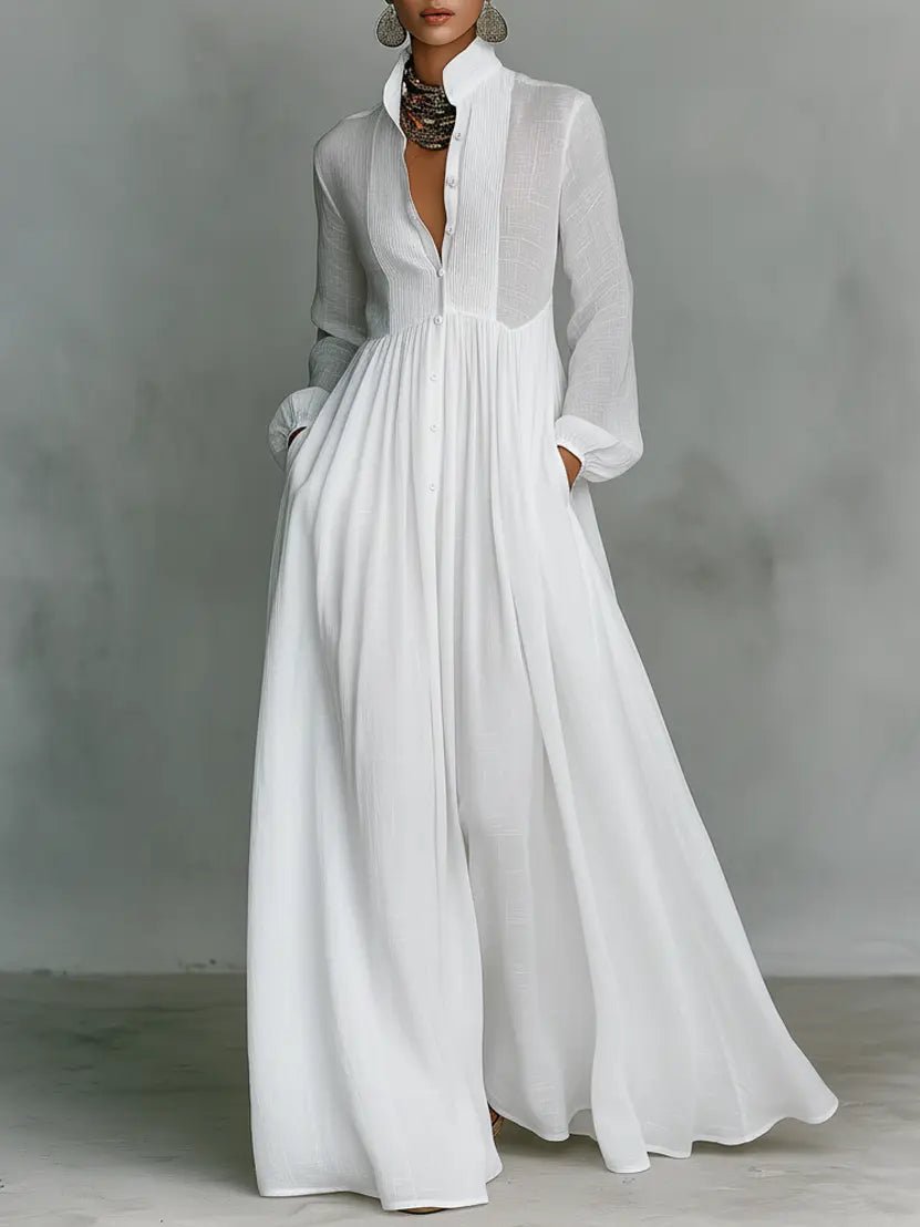 Effortless Maxi Dress for Women Stand-Collar Button-Front Long-Sleeve