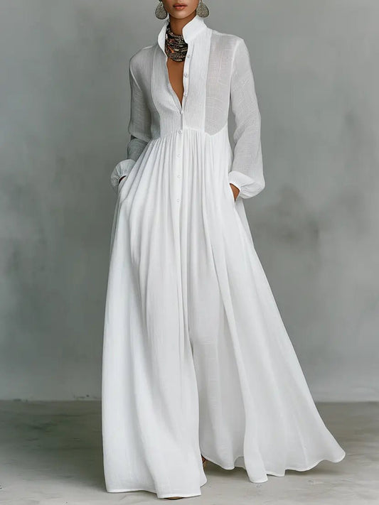 Effortless Maxi Dress for Women Stand-Collar Button-Front Long-Sleeve