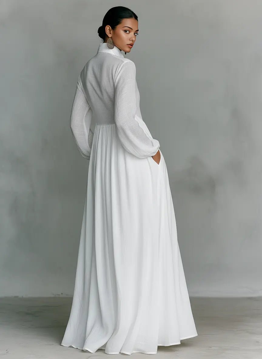 Effortless Maxi Dress for Women Stand-Collar Button-Front Long-Sleeve
