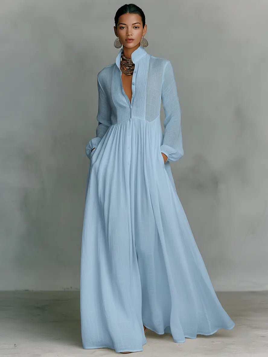 Effortless Maxi Dress for Women Stand-Collar Button-Front Long-Sleeve