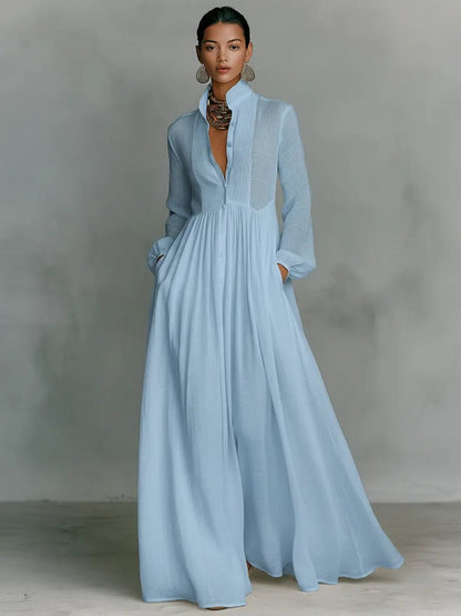 Effortless Maxi Dress for Women Stand-Collar Button-Front Long-Sleeve