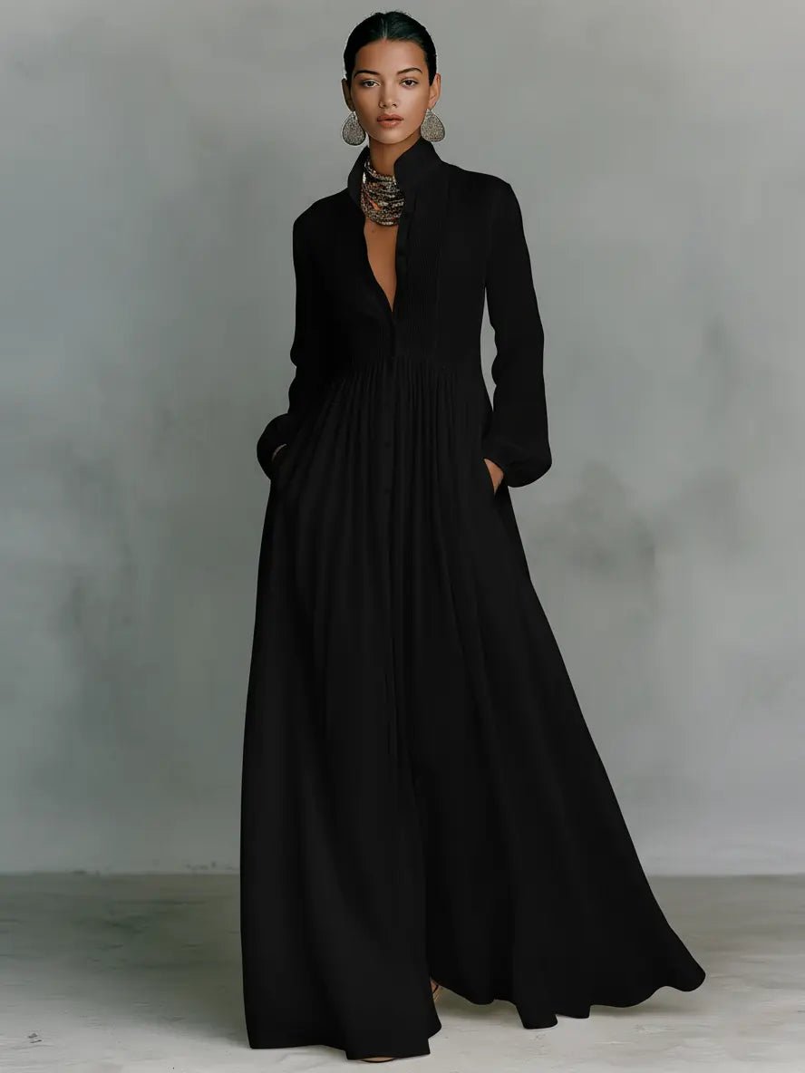 Effortless Maxi Dress for Women Stand-Collar Button-Front Long-Sleeve