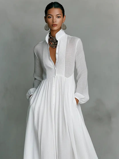 Effortless Maxi Dress for Women Stand-Collar Button-Front Long-Sleeve