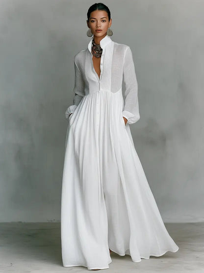 Effortless Maxi Dress for Women Stand-Collar Button-Front Long-Sleeve