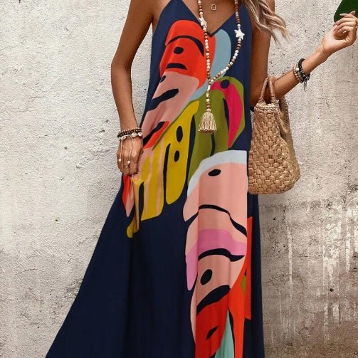 Effortless Maxi Dress for Women V-Neck Sleeveless Tropical-Print