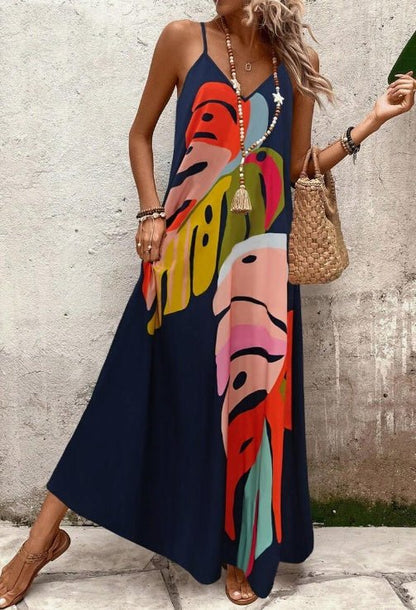 Effortless Maxi Dress for Women V-Neck Sleeveless Tropical-Print