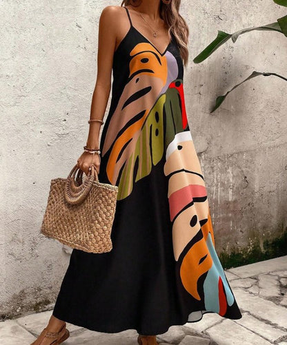 Effortless Maxi Dress for Women V-Neck Sleeveless Tropical-Print