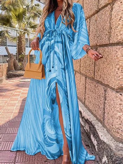 Effortless Maxi Dress for Women V-Neck Kimono-Sleeve Abstract-Print