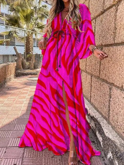 Effortless Maxi Dress for Women V-Neck Kimono-Sleeve Abstract-Print