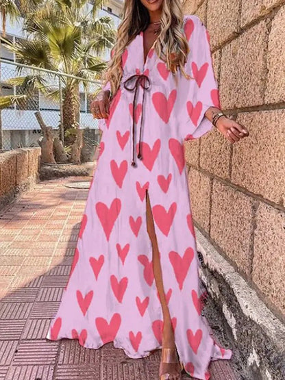 Effortless Maxi Dress for Women V-Neck Kimono-Sleeve Abstract-Print