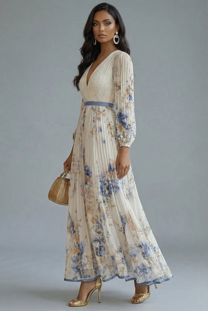 Elegant Maxi Dress for Women V-Neck Long-Sleeve Pleated