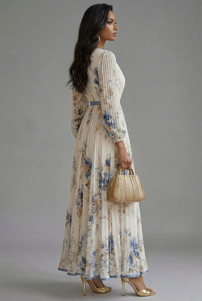 Elegant Maxi Dress for Women V-Neck Long-Sleeve Pleated