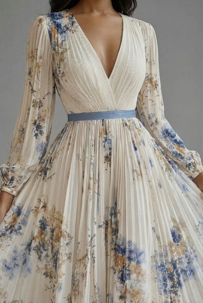 Elegant Maxi Dress for Women V-Neck Long-Sleeve Pleated
