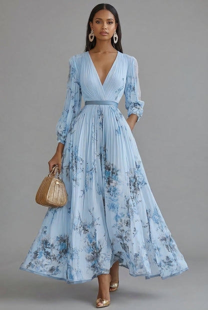 Elegant Maxi Dress for Women V-Neck Long-Sleeve Pleated