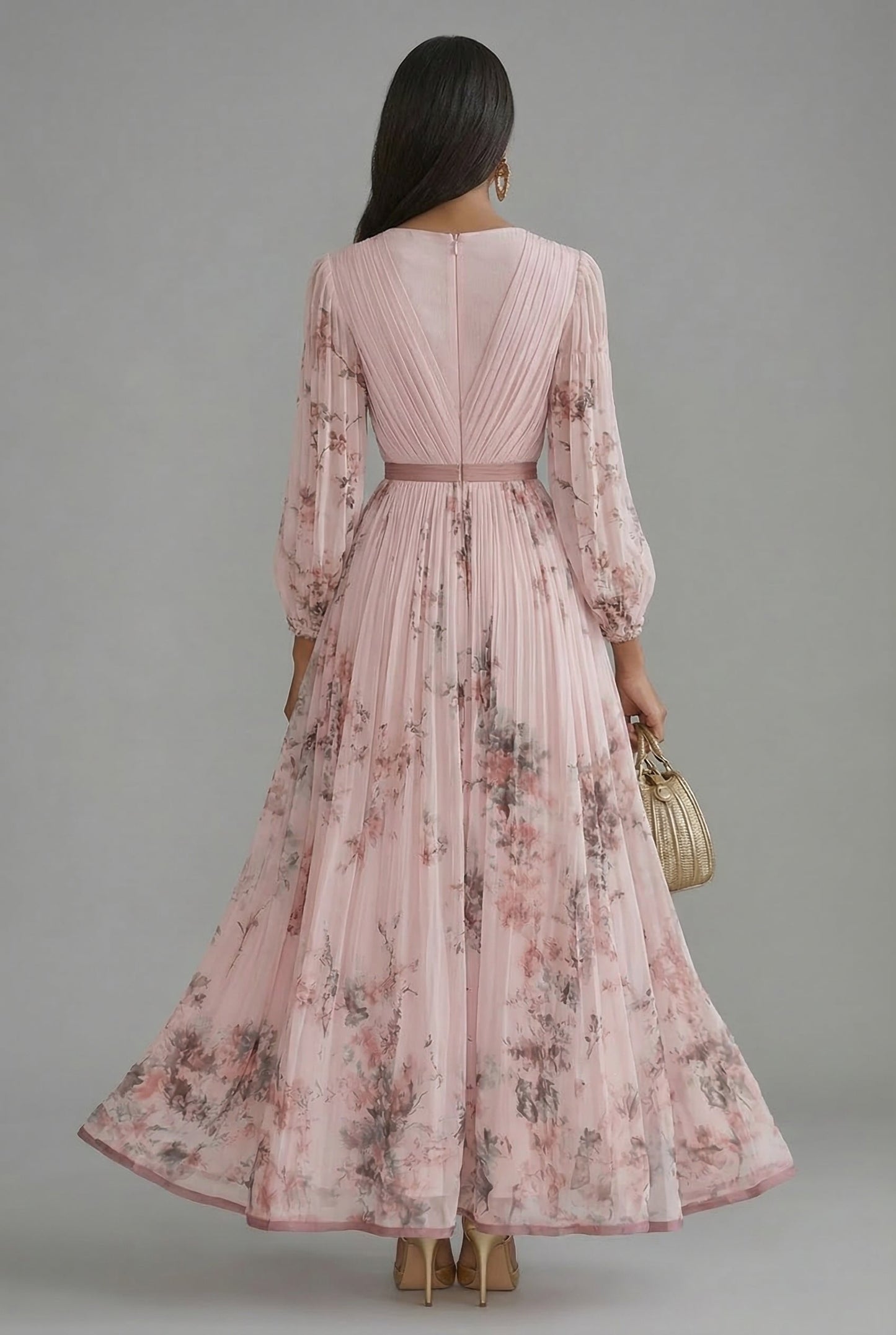 Elegant Maxi Dress for Women V-Neck Long-Sleeve Pleated