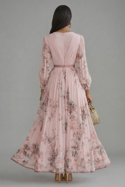 Elegant Maxi Dress for Women V-Neck Long-Sleeve Pleated