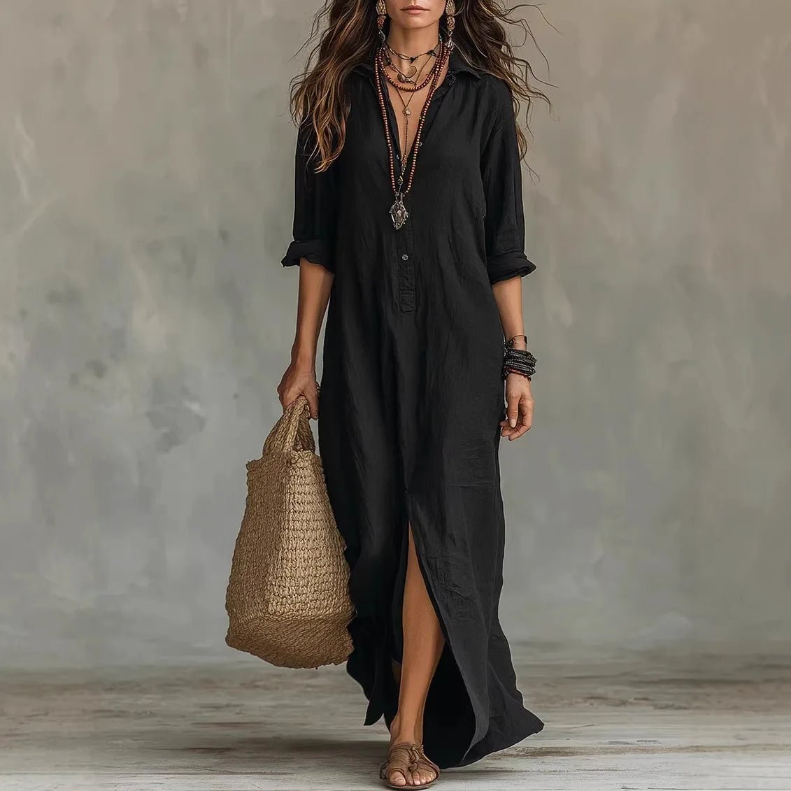 Effortless Maxi Shirt Dress for Women Three-Quarter-Sleeve Loose-Fit