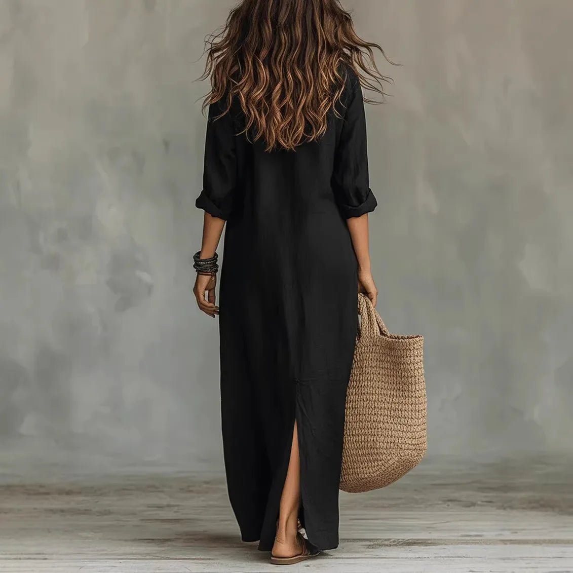 Effortless Maxi Shirt Dress for Women Three-Quarter-Sleeve Loose-Fit