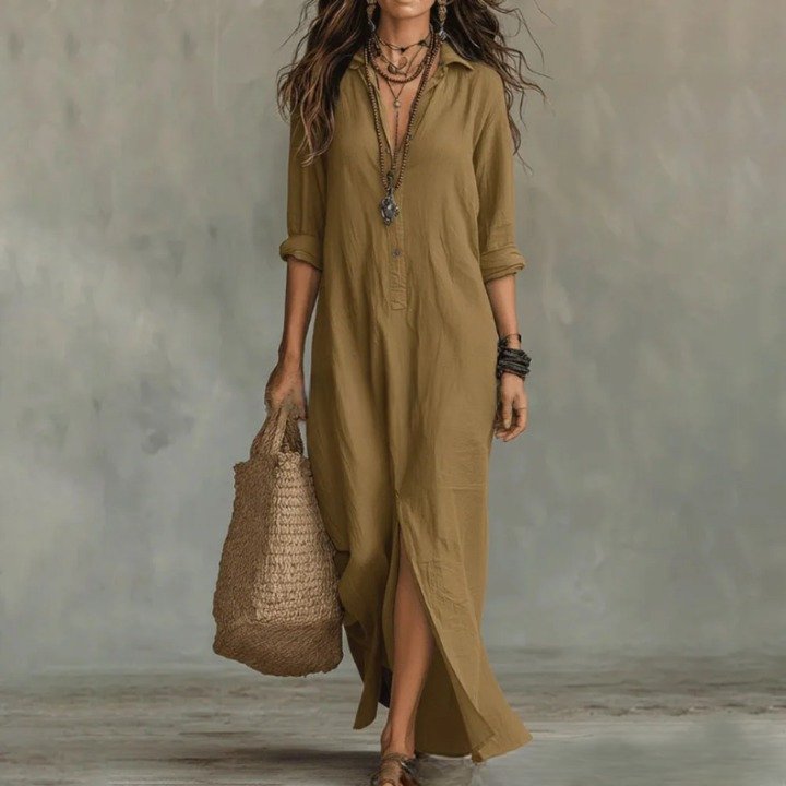 Effortless Maxi Shirt Dress for Women Three-Quarter-Sleeve Loose-Fit
