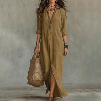 Effortless Maxi Shirt Dress for Women Three-Quarter-Sleeve Loose-Fit