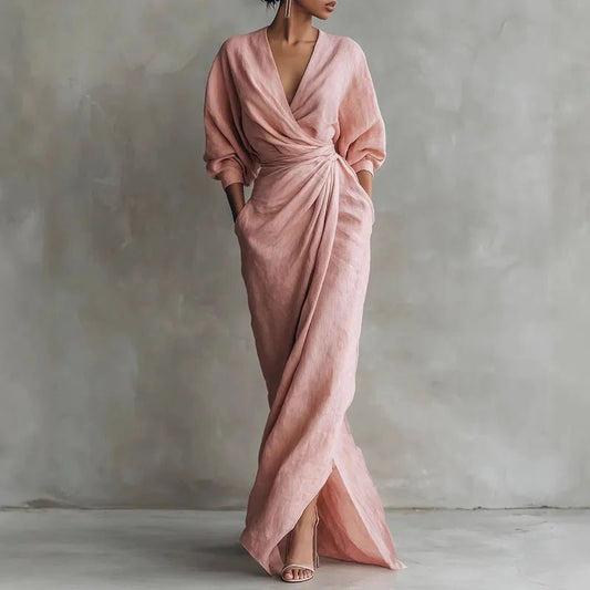 Elegant Wrap Maxi Dress for Women Deep-V-Neck Long-Sleeve