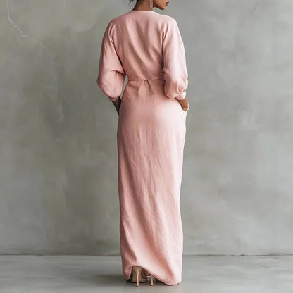 Elegant Wrap Maxi Dress for Women Deep-V-Neck Long-Sleeve