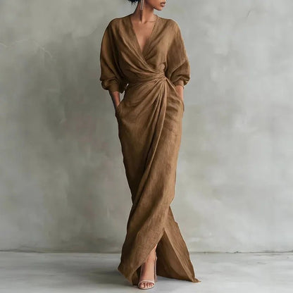 Elegant Wrap Maxi Dress for Women Deep-V-Neck Long-Sleeve