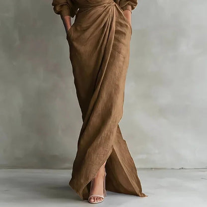 Elegant Wrap Maxi Dress for Women Deep-V-Neck Long-Sleeve