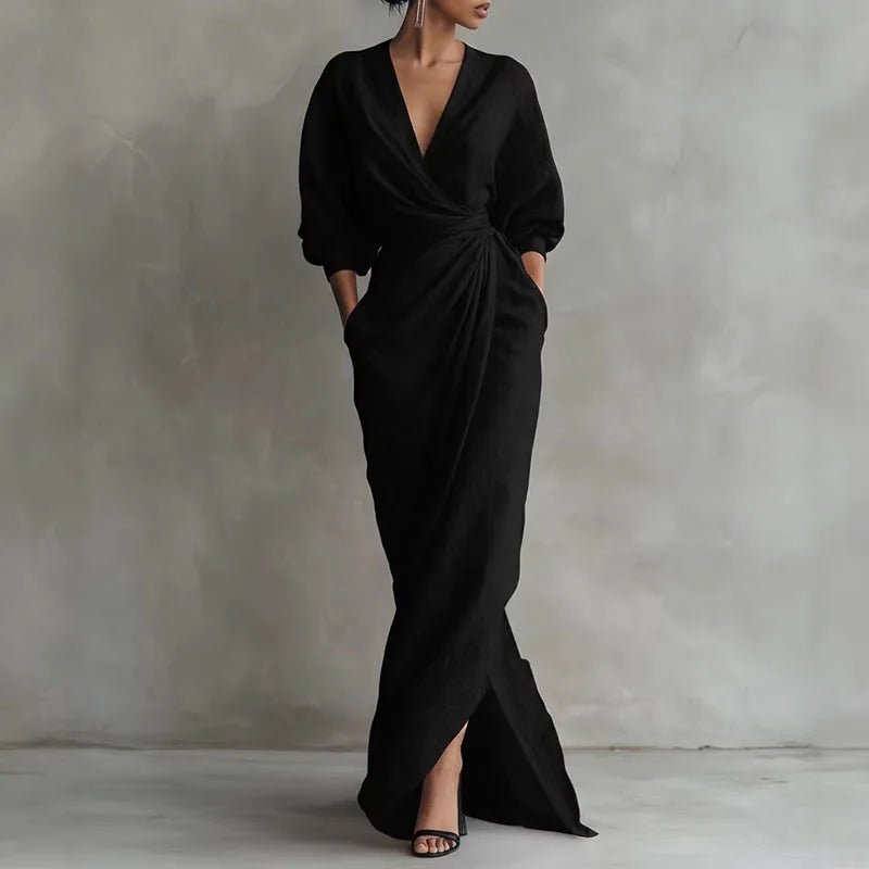 Elegant Wrap Maxi Dress for Women Deep-V-Neck Long-Sleeve