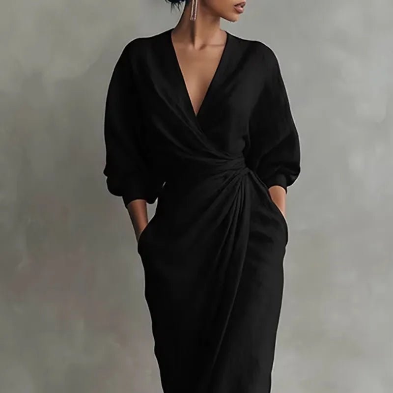 Elegant Wrap Maxi Dress for Women Deep-V-Neck Long-Sleeve