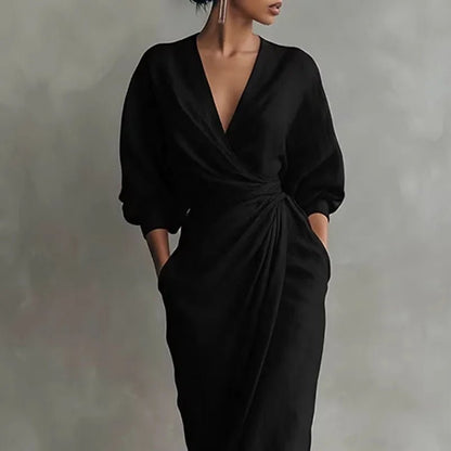 Elegant Wrap Maxi Dress for Women Deep-V-Neck Long-Sleeve