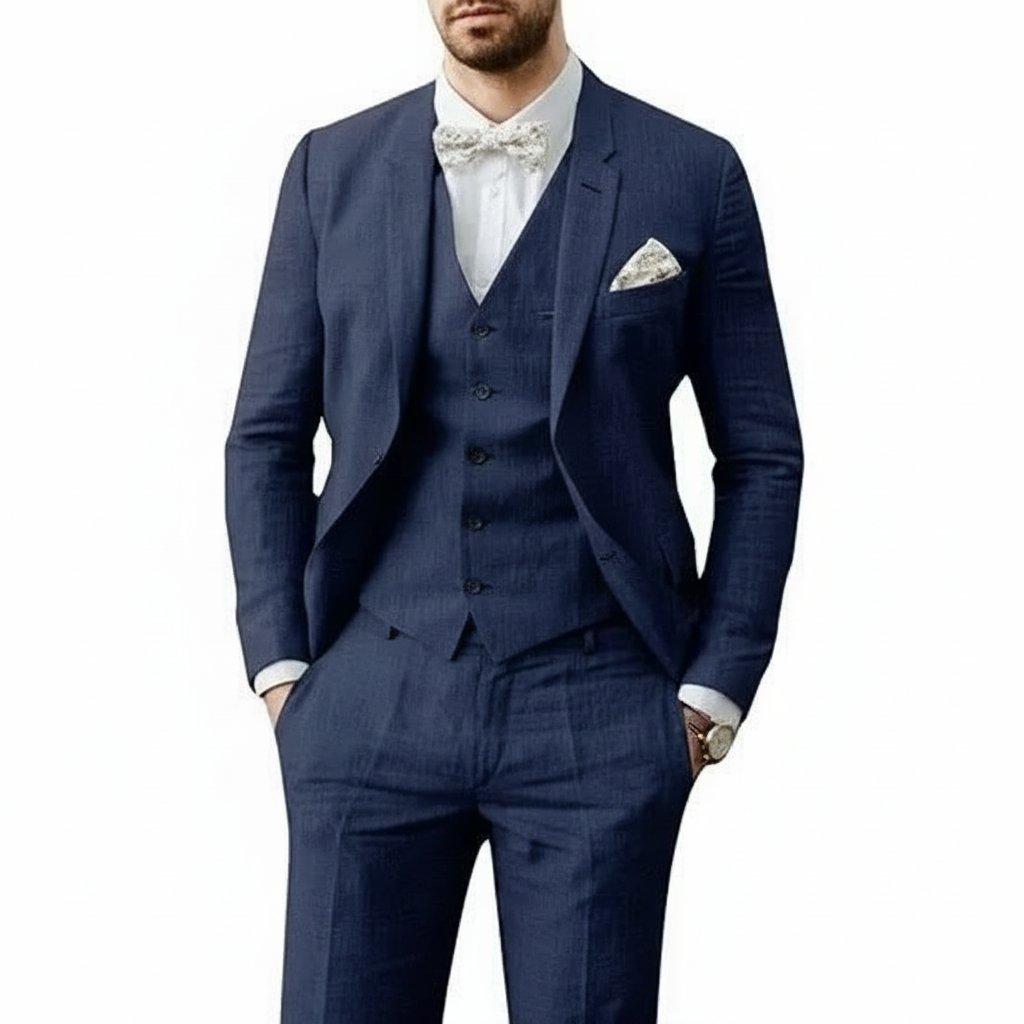 Classic Suit for Men Three-Piece Linen Tailored-Fit