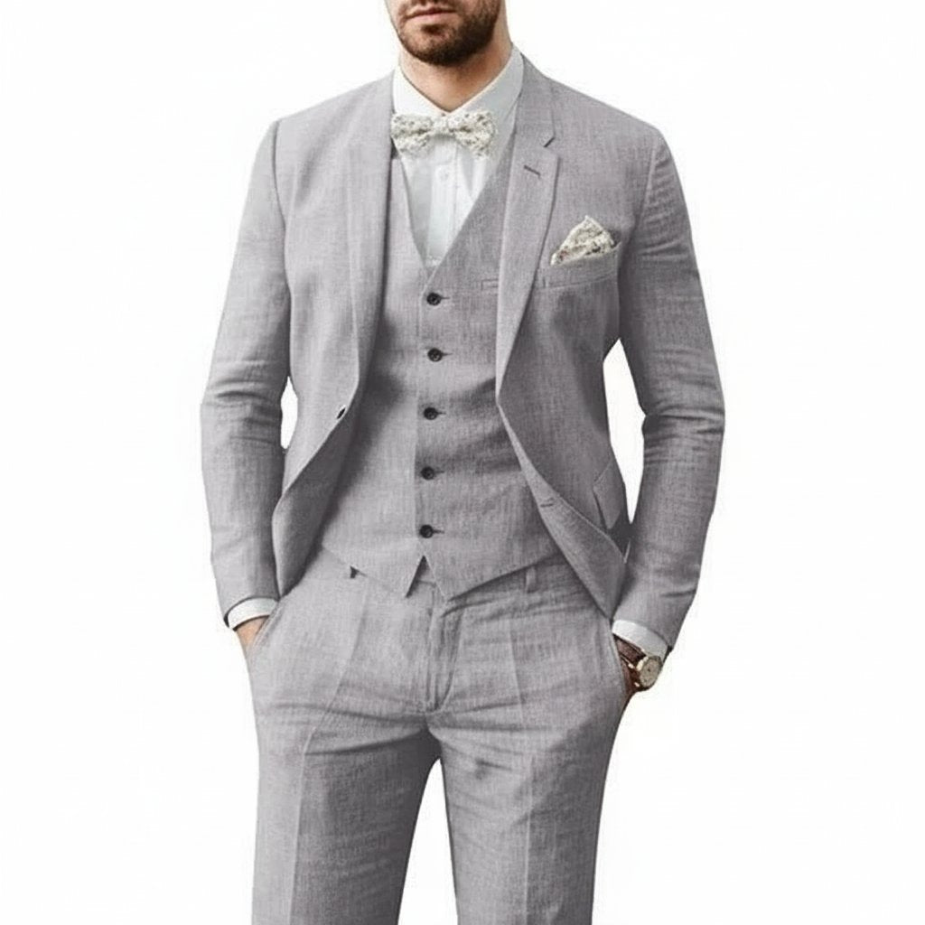 Classic Suit for Men Three-Piece Linen Tailored-Fit