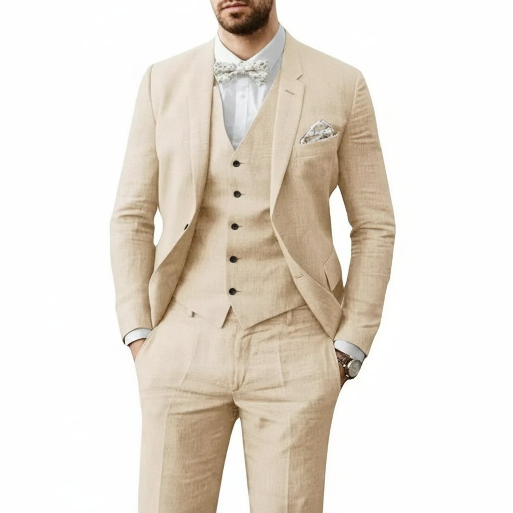 Classic Suit for Men Three-Piece Linen Tailored-Fit
