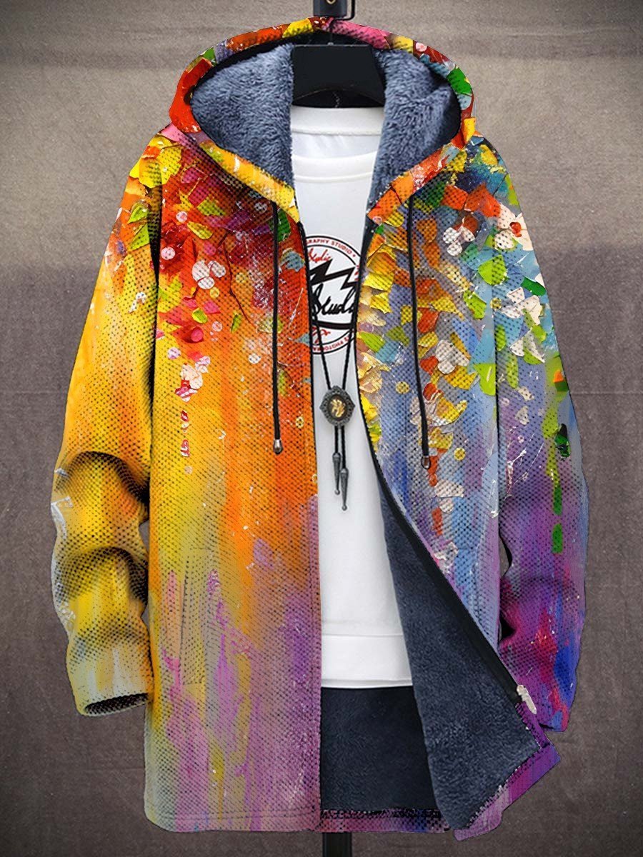 Classic Hooded Jacket for Men Abstract-Print Fleece-Lined
