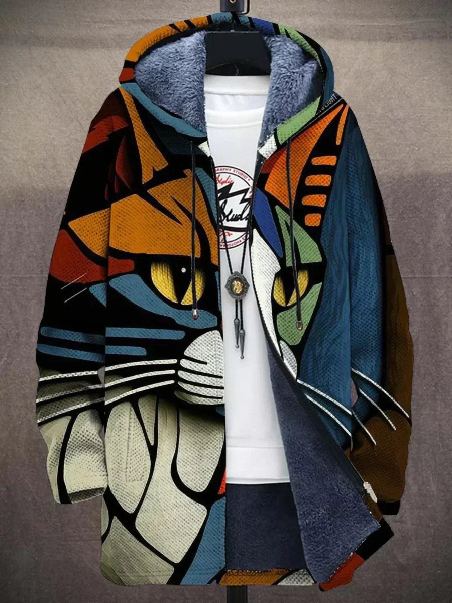 Classic Hooded Jacket for Men Abstract-Print Fleece-Lined