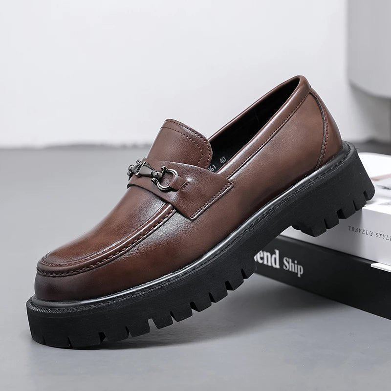 Classic Leather Loafers for Men Buckle-Detail Platform-Sole