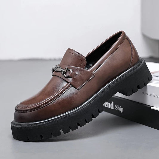 Classic Leather Loafers for Men Buckle-Detail Platform-Sole