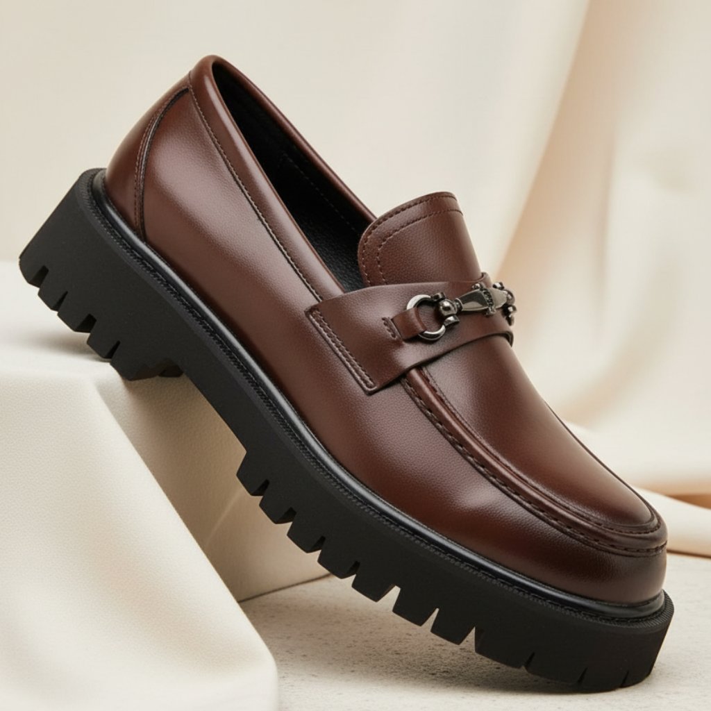 Classic Leather Loafers for Men Buckle-Detail Platform-Sole