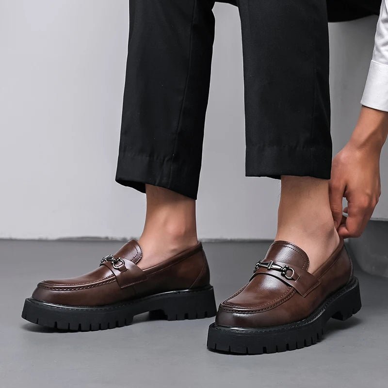 Classic Leather Loafers for Men Buckle-Detail Platform-Sole