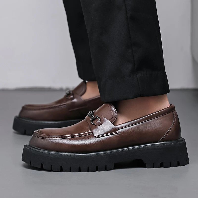 Classic Leather Loafers for Men Buckle-Detail Platform-Sole